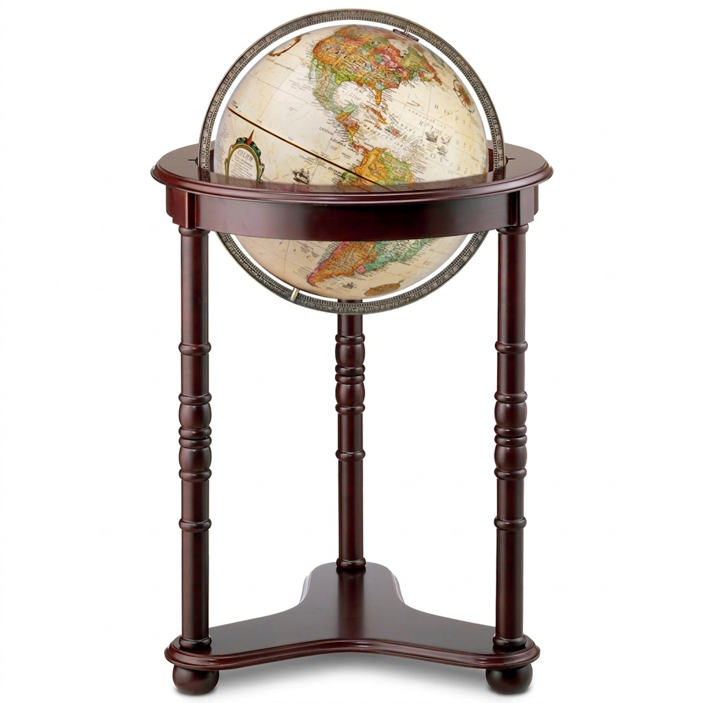 Pure high-resolution hero shot of the Westminster floor globe on dark wood stand, isolated on white.