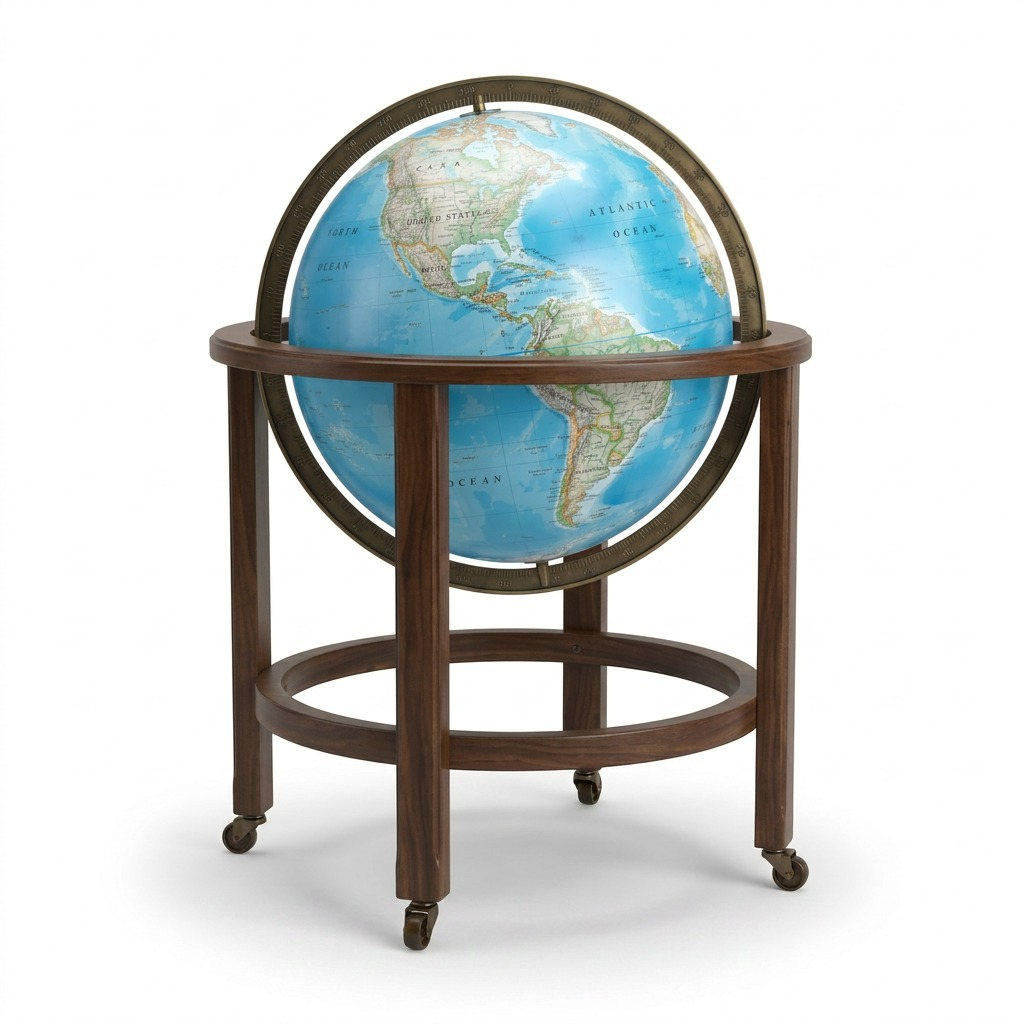 Replogle Kingsley 16" blue illuminated relief floor globe, walnut stand with casters, isolated on white.