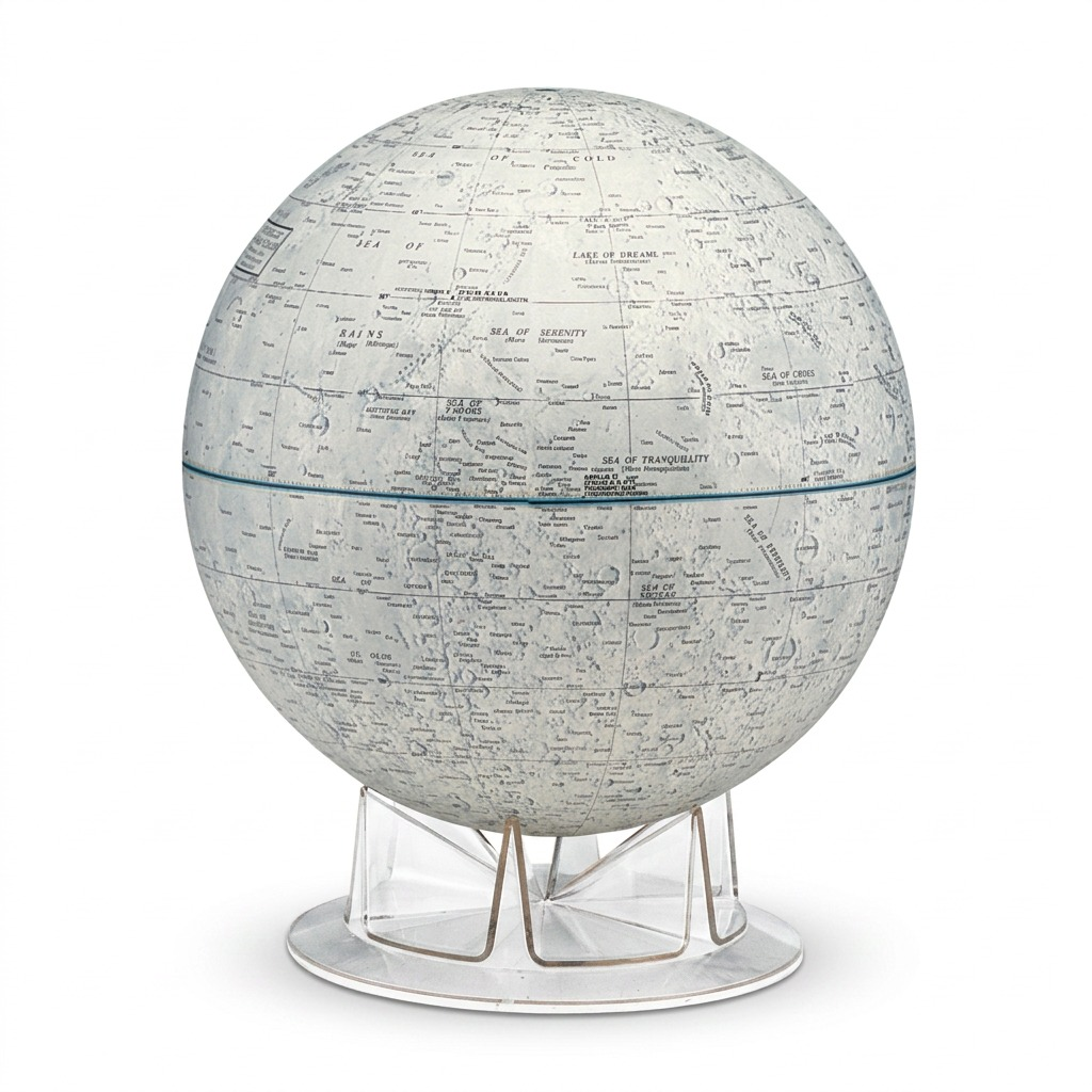 Pure hero shot of the canonical Replogle Globes 12" Moon Desk Globe on its clear multi-faceted acrylic stand, centered against a seamless pure white background, with a clean contact shadow. The detailed lunar surface and markings are sharp and clearly visible, matching image_0.png.