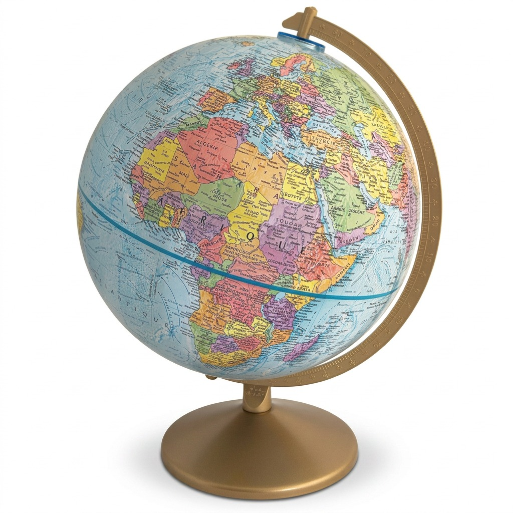 A high-resolution ecommerce hero shot of the 12-inch Replogle Globes Explorer blue ocean desk globe in French, featuring its distinctive bronze-colored meridian and base, on a pure white background.