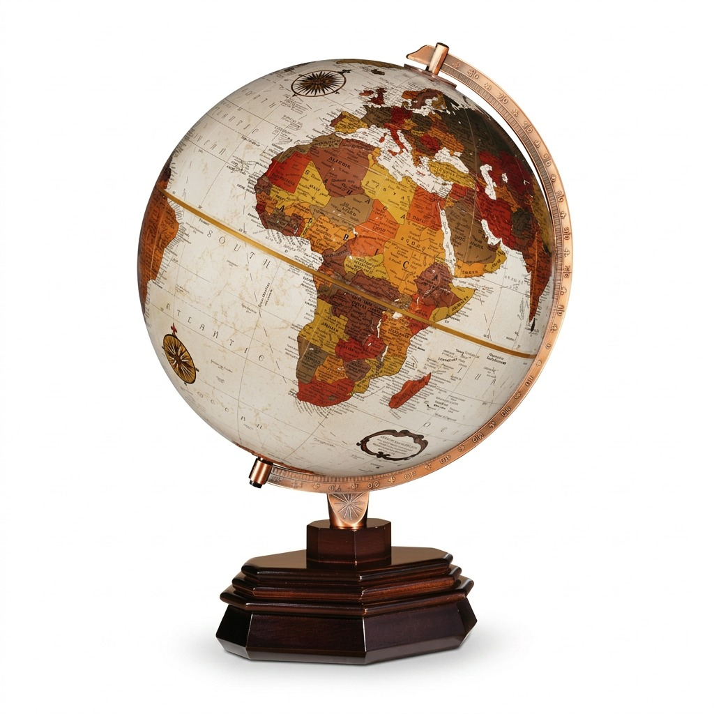 Replogle USONIAN antique globe hero shot on wood and copper base, white background