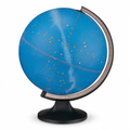 A high-resolution, centered view of the Replogle Globes 12-inch illuminated celestial globe against a pure white background. The globe features a vibrant blue sphere with gold and orange stars, named constellations and lines, the milky way, and major astronomical rings. It's supported by a brushed pewter-finished semi-meridian and a sleek black cast-metal base. Accurately matching the Canonical Product Image with crisp lighting and detail.