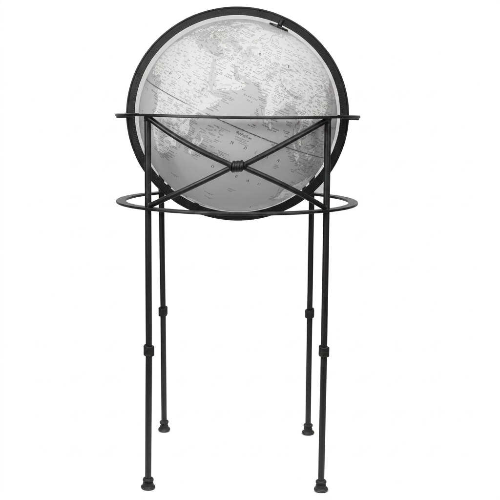 A clean, centered hero shot of the grey Dawson floor-standing globe from Replogle on a pure white background.