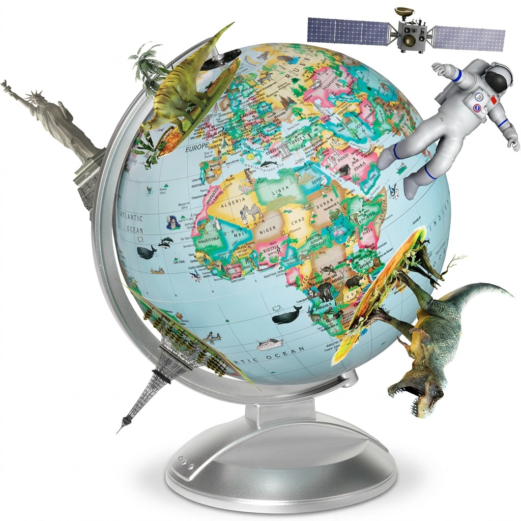 High-resolution hero shot of the 10-inch French Replogle Globe 4 Kids with dinosaur, astronaut, and landmarks, on a clean white background.