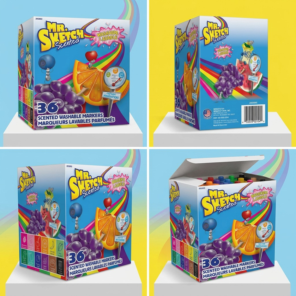 A four-corner ecommerce grid showing a Mr. Sketch 1916327 36-pack box from distinct Front, Side, and Angled views.