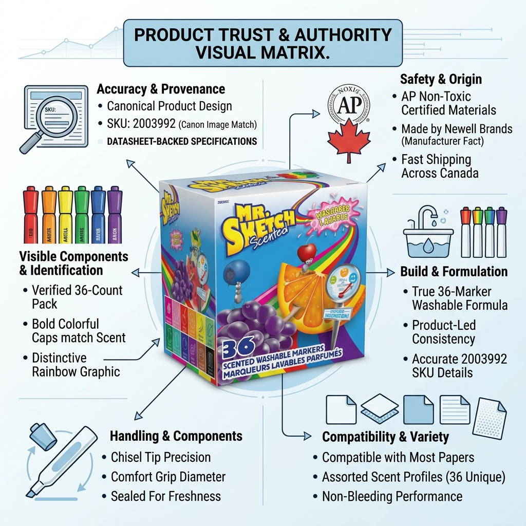 Trust and authority infographic matrix for Mr. Sketch washable markers with factual product cues.