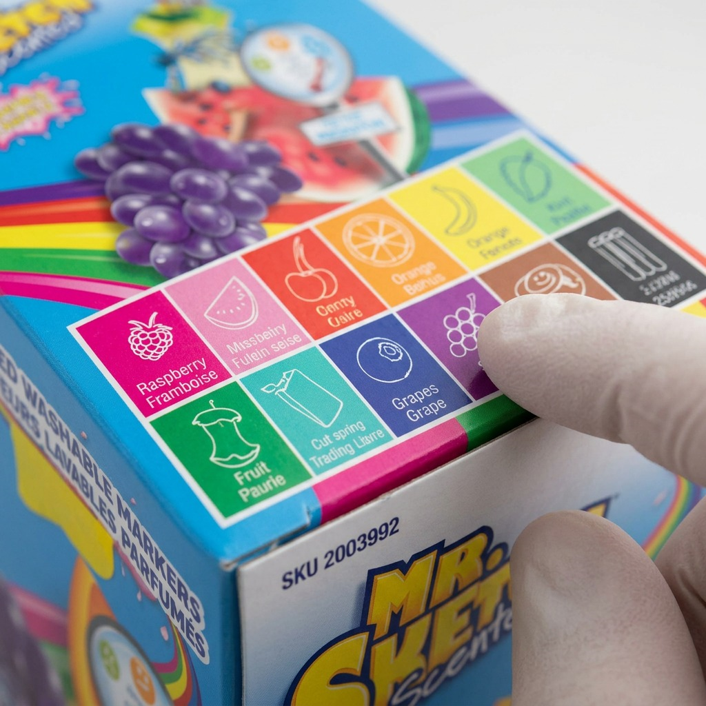 A macro view of the Mr. Sketch box side, highlighting the detailed print of scent icons.