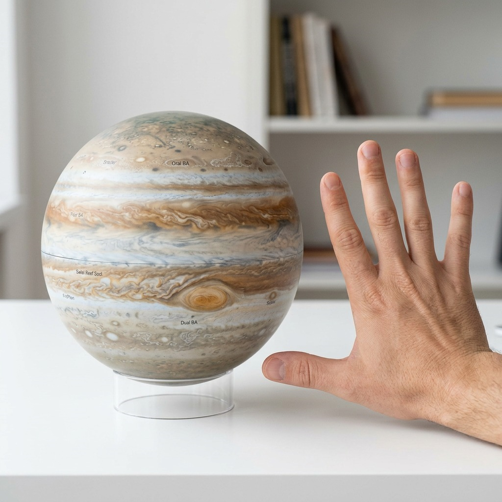 Scale reference photo of the 6-inch Jupiter globe beside an adult hand for clear size estimation.