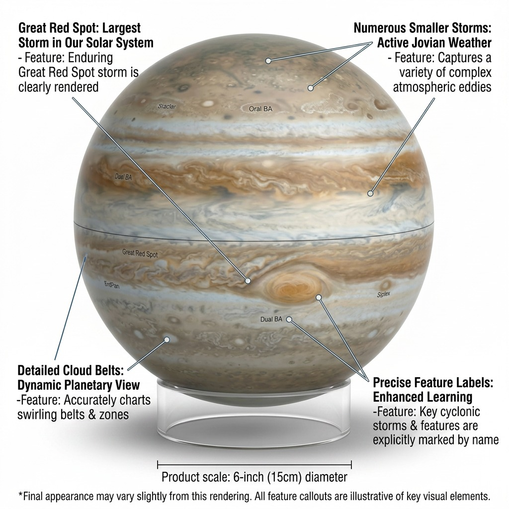 Replogle Globes Astronomy Magazine 6"/15CM Jupiter globe with detailed atmospheric cloud feature labels.