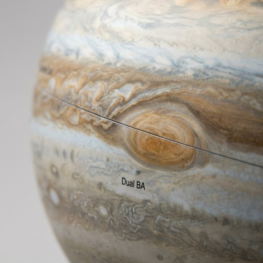 Macro shot of Jupiter globe surface showing intricate cloud patterns and the 'Dual BA' label.