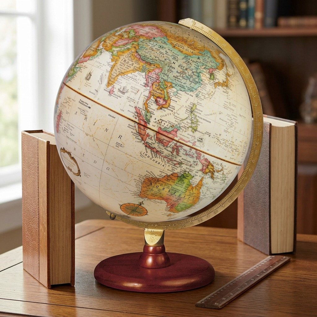 An at-scale reference photograph of the Replogle Piedmont descriptor globe, featuring its distinct antique map, gold-toned semi-meridian, and dark cherry wood base, positioned on a wooden desk next to an open hardcover book and a cup of tea.