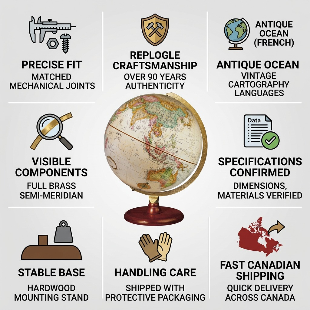 An informative trust infographic for the Replogle Piedmont 12" Antique Ocean Globe, detailing build quality, cartography, specifications, and fast Canadian shipping.