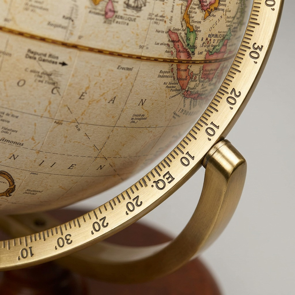 Macro close-up of Replogle Piedmont globe: textured map, gold-toned Meridian, French/Latin text.