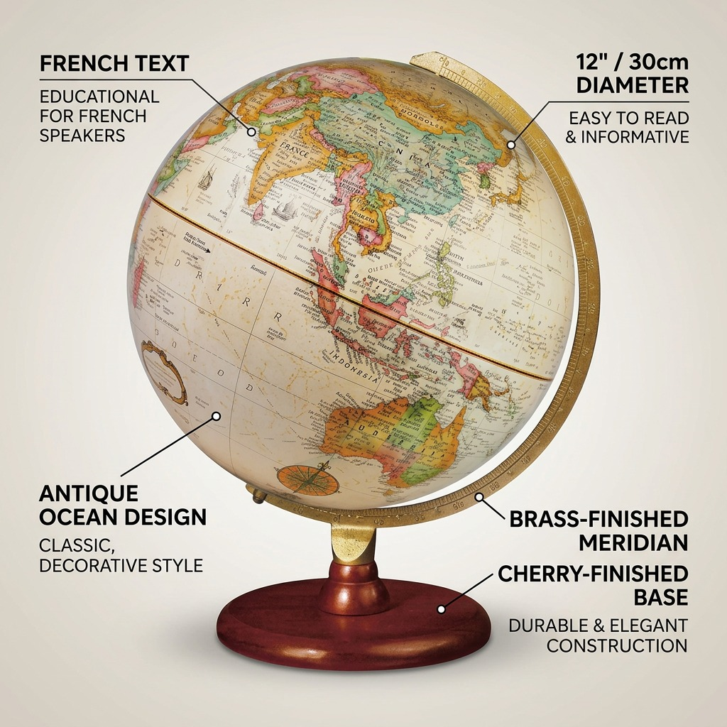 Product infographic for the Replogle Piedmont French globe, with four feature callouts and benefits.