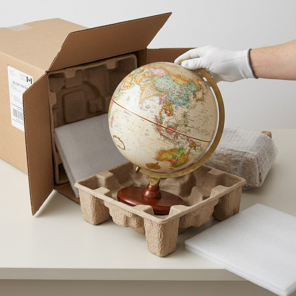 An antique ocean desk globe unboxed from a protective shipping wrap on a desk.