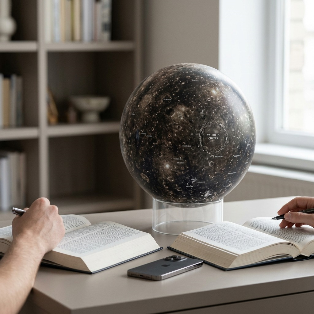 A desk scene with the CALLISTO globe, books, and hands, showing its true size.
