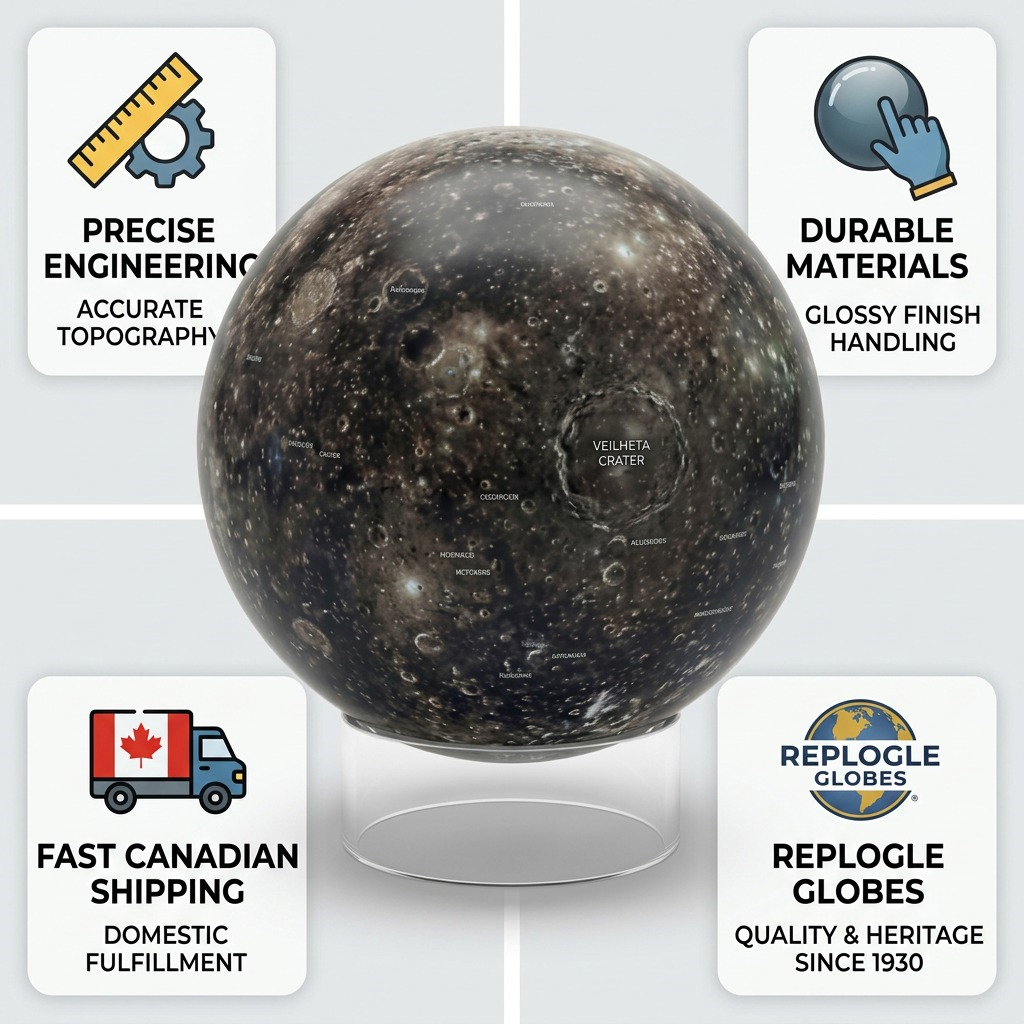 An infographic matrix for the Replogle Callisto globe, highlighting features, materials, and fast Canadian shipping.