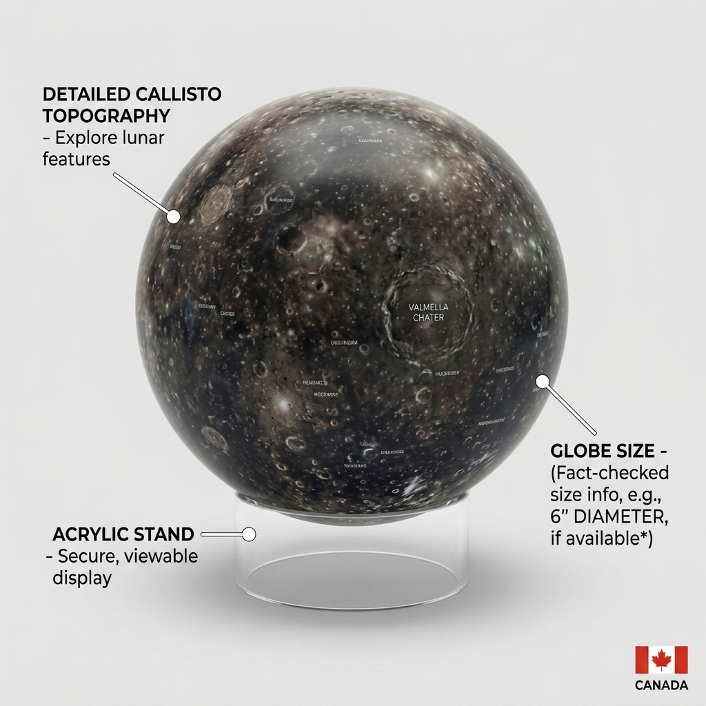 An ecommerce callout image highlighting key features: detailed Callisto topography, acrylic stand, and specified globe size.