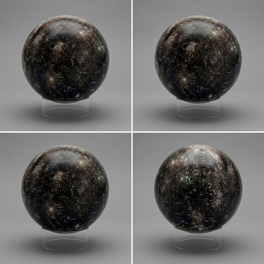 A PDP visual matrix featuring a grid with three different angles of the Callisto globe on a clean light grey background.