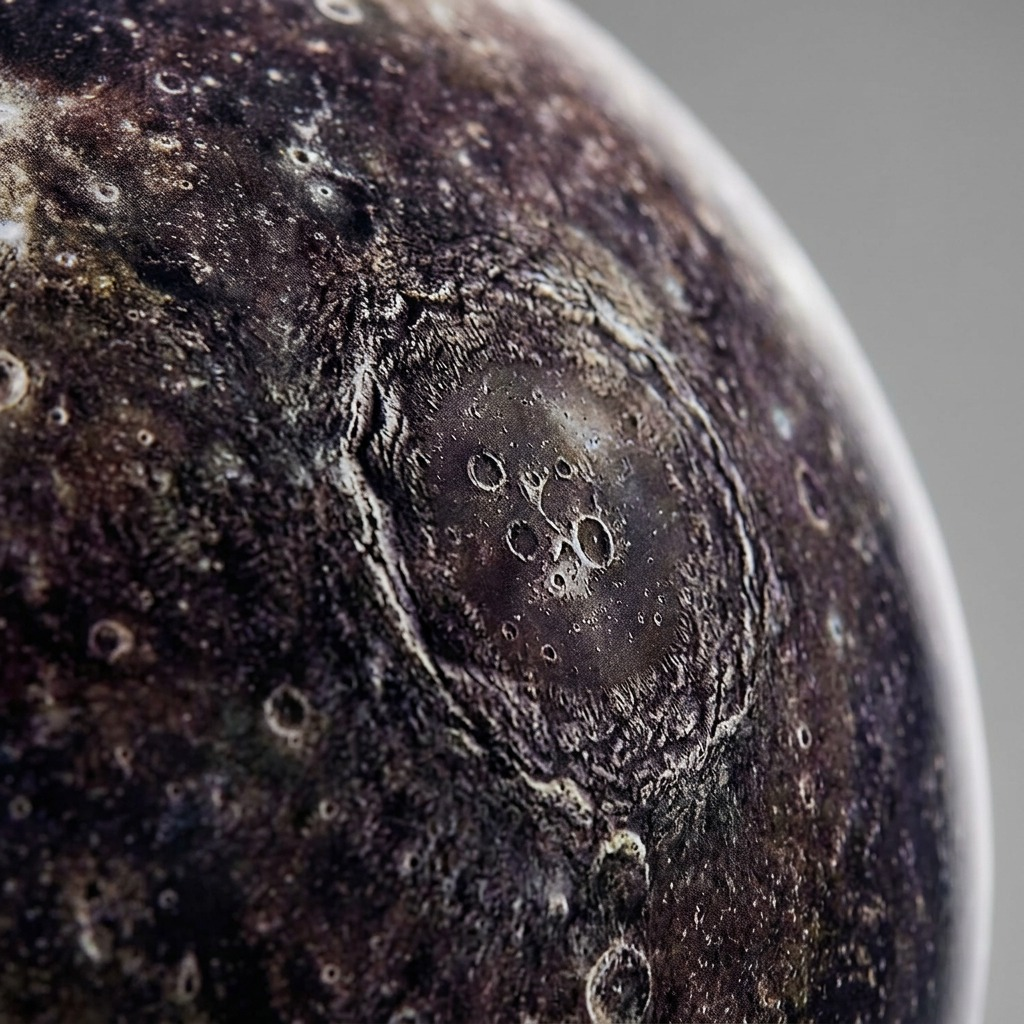 Macro close-up of the textured CALLISTO globe surface with the visible central crater feature.