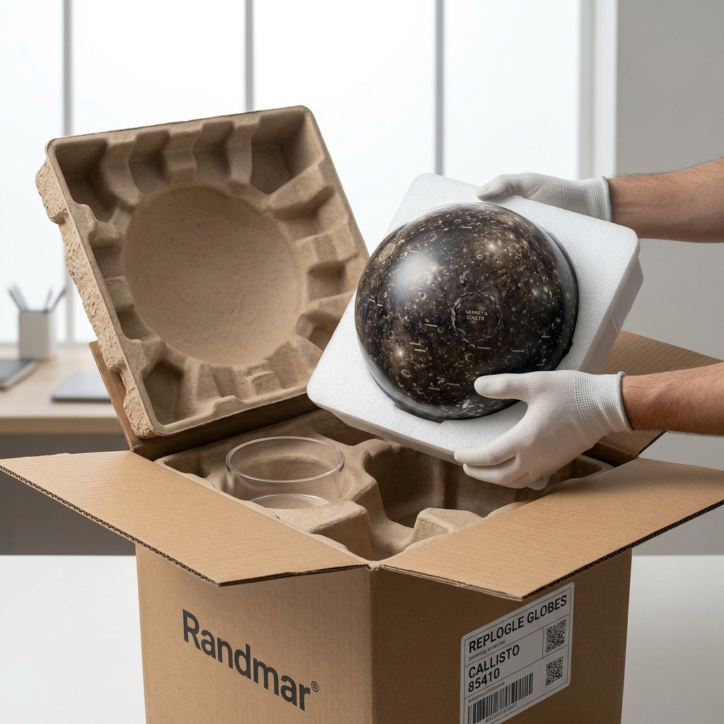 A detailed unboxing scene shows the Replogle CALLISTO globe and clear stand, protected by custom polyfoam.