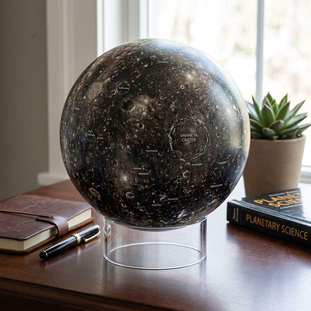 A detailed desk display with the accurate Replogle CALLISTO moon globe (image_0.png) on its clear stand, next to a notebook.