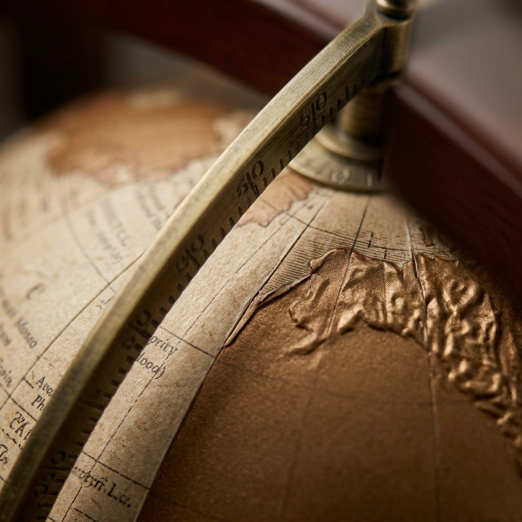 Extreme macro view of the globe surface, showing detailed cartography, textured paper, and metal ring.