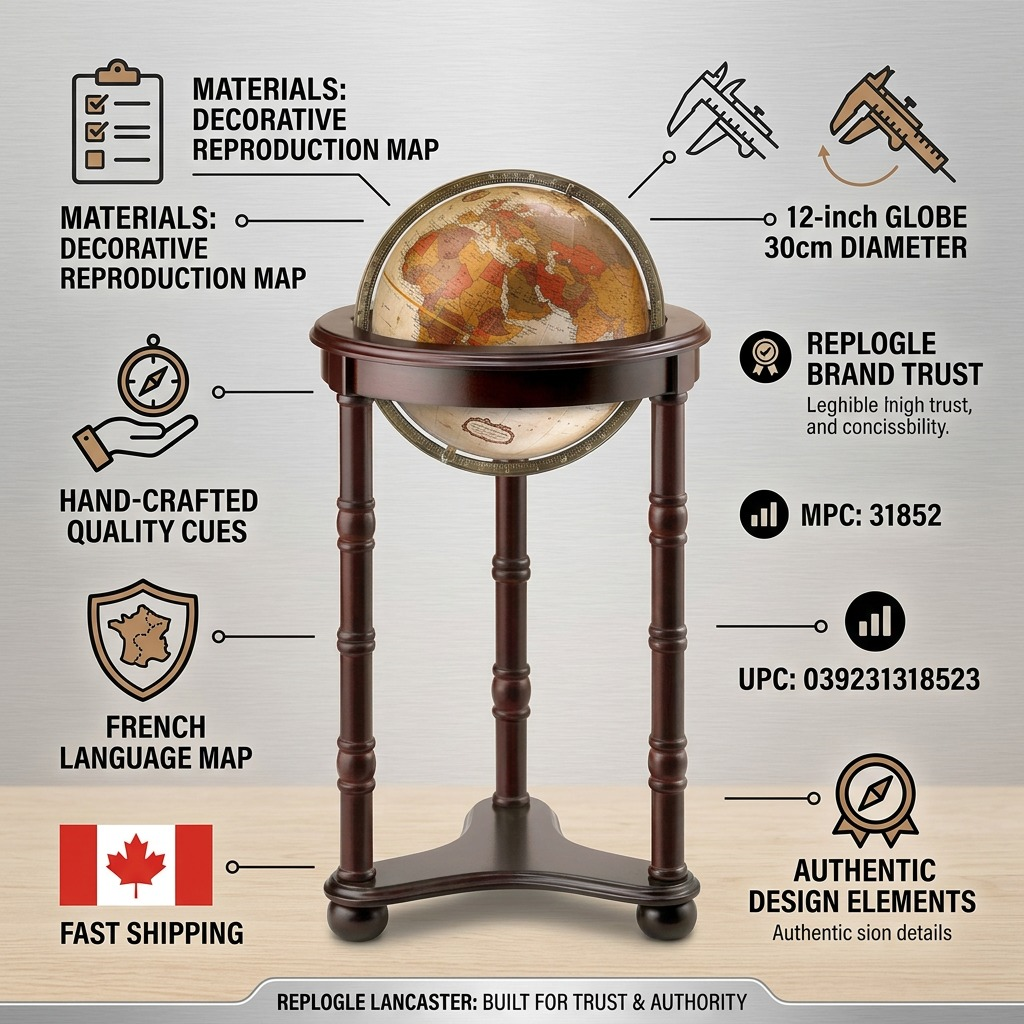 An infographic detailing the features and trust cues of the Replogle Lancaster 12" French-language floor globe.