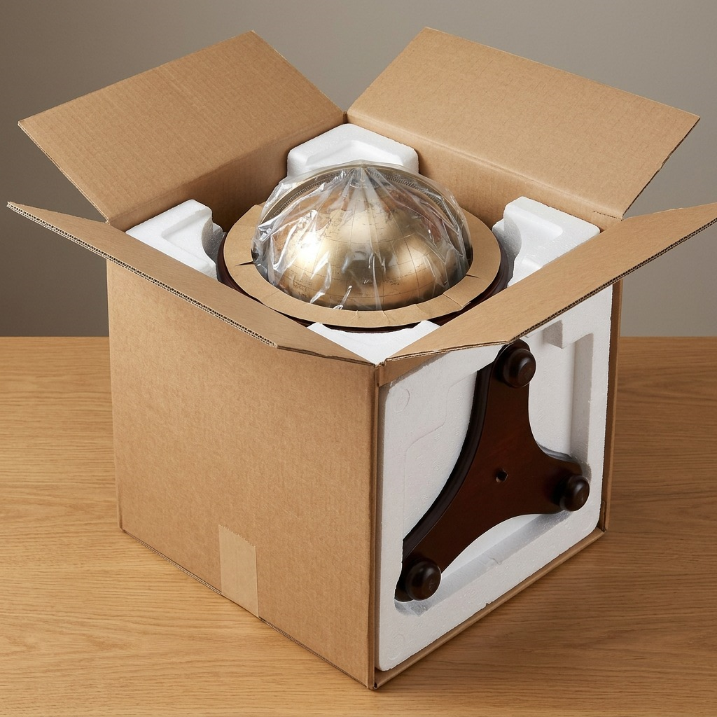 A premium unboxing view of the reference globe and stand, supported by form-fitting styrofoam inserts.
