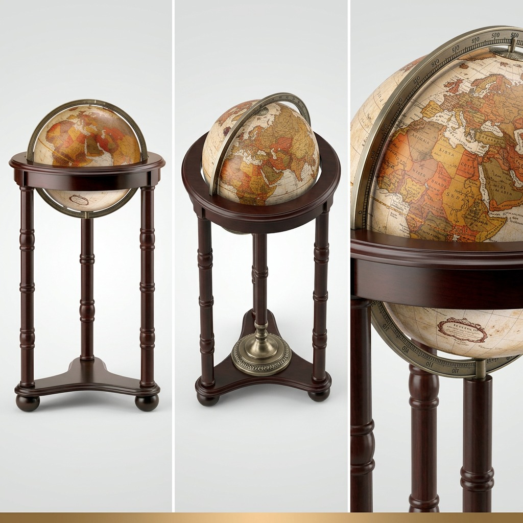 A clean product matrix image showing the Replogle Globes Lancaster (31852) from three distinct angles: front-facing, elevated high-angle view, and detailed close-up. The premium dark wood stand and detailed bronze globe with its intricate base are consistently depicted against a neutral gradient background.