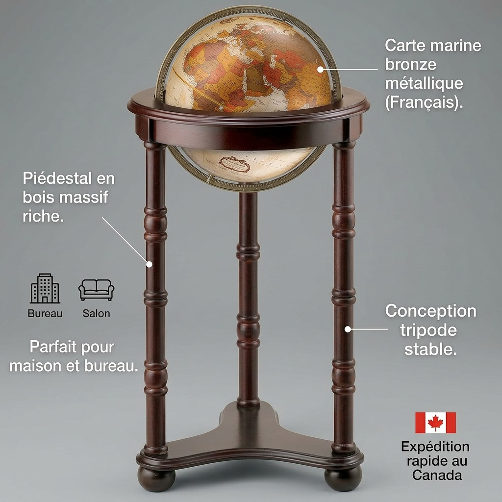 A feature matrix image showcasing the Replogle Lancaster 12" French globe's premium floor stand. Quick French labels point to the 3-leg solid wood stand, rich espresso finish, and detailed bronze metallic ocean floor globe, highlighting its suitability for home and office. Clear product focus with minimal overlay text.