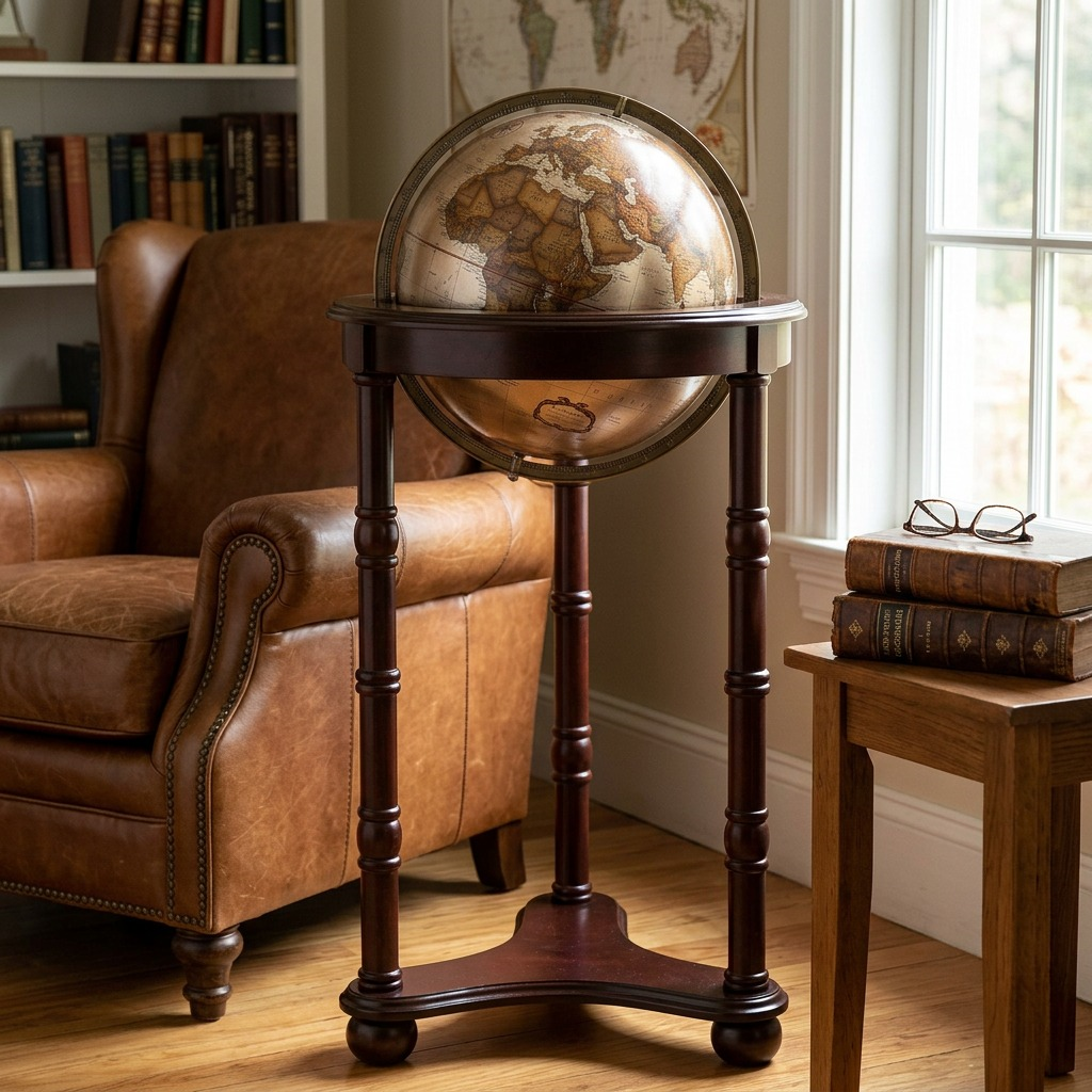 A lifestyle photograph of the Replogle Lancaster bronze metallic globe on its tall dark wood stand, placed by a window.