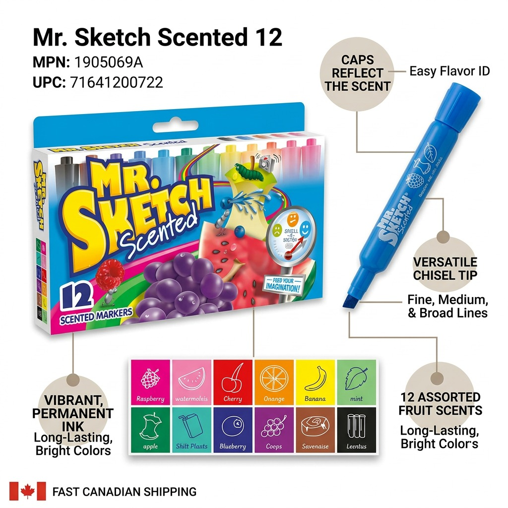 A product image of Mr. Sketch scented markers showcasing 12 vibrant scents and versatile chisel tips for creativity.