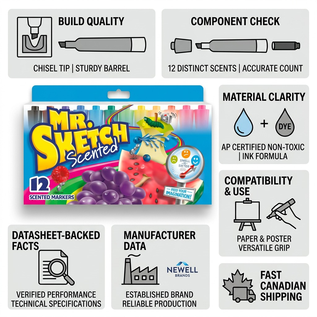 A trust infographic for Mr. Sketch markers, showing factual details and Canadian shipping status.