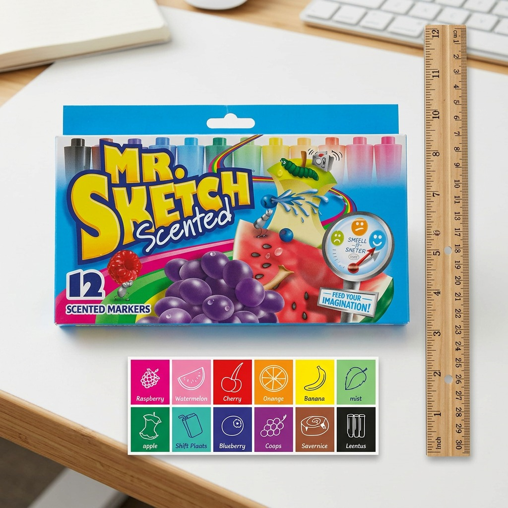 A photorealistic comparison of 12 Mr. Sketch markers next to a standard 12-inch ruler.