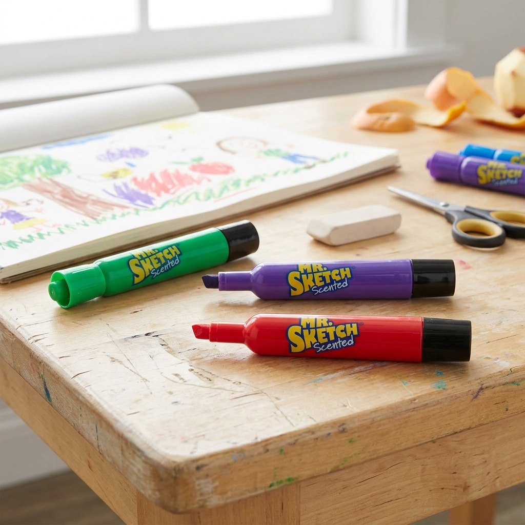 A close-up view of three loose Mr. Sketch scented markers resting naturally on a wooden craft desk with colorful sketches.