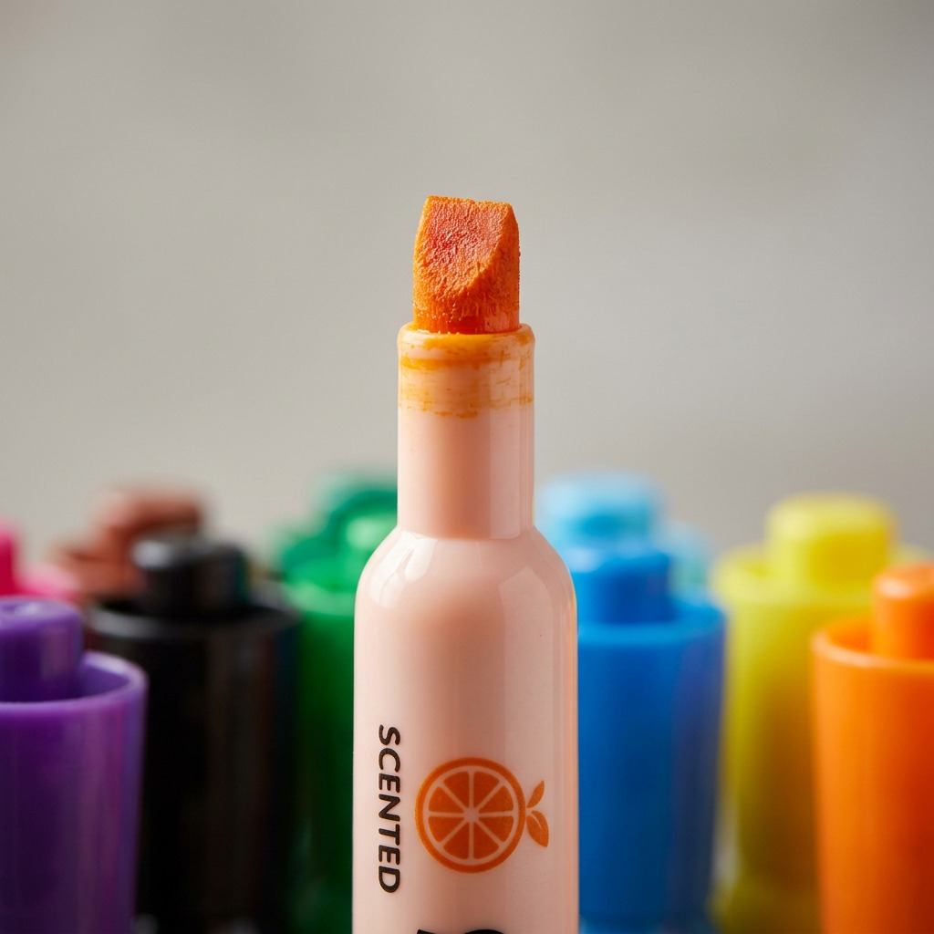 Extreme macro photograph focusing on the textured chisel felt tip of an orange Mr. Sketch scented marker, on clear background.