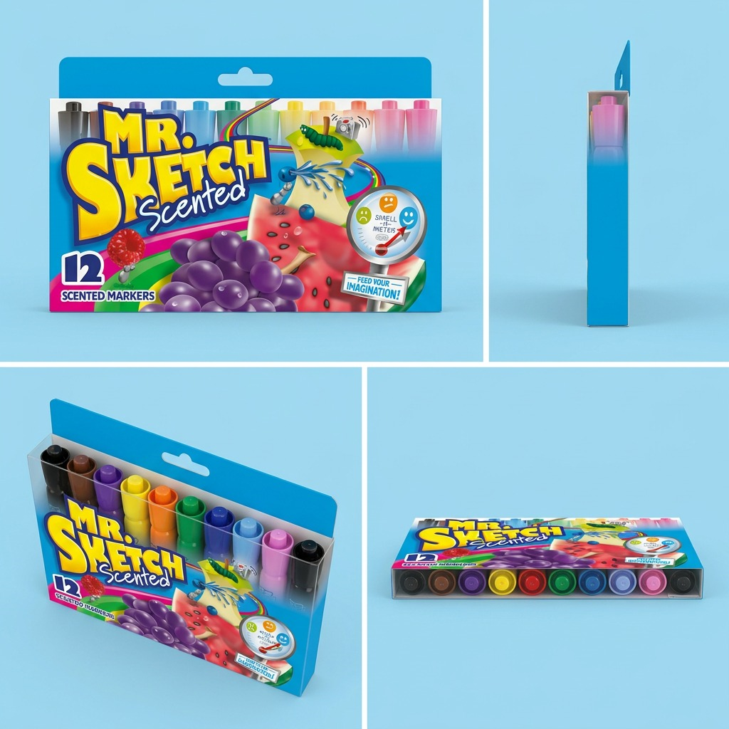 A 2x2 grid visualizing Mr. Sketch scented markers from four useful angles, showing the complete 12-count pack.