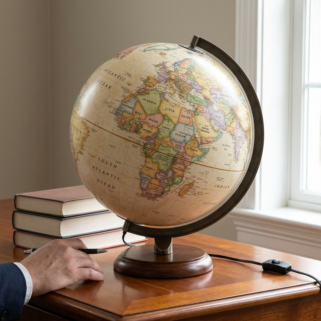 A scale guide shows the antique desktop globe from image 0 on a desk beside an open book.
