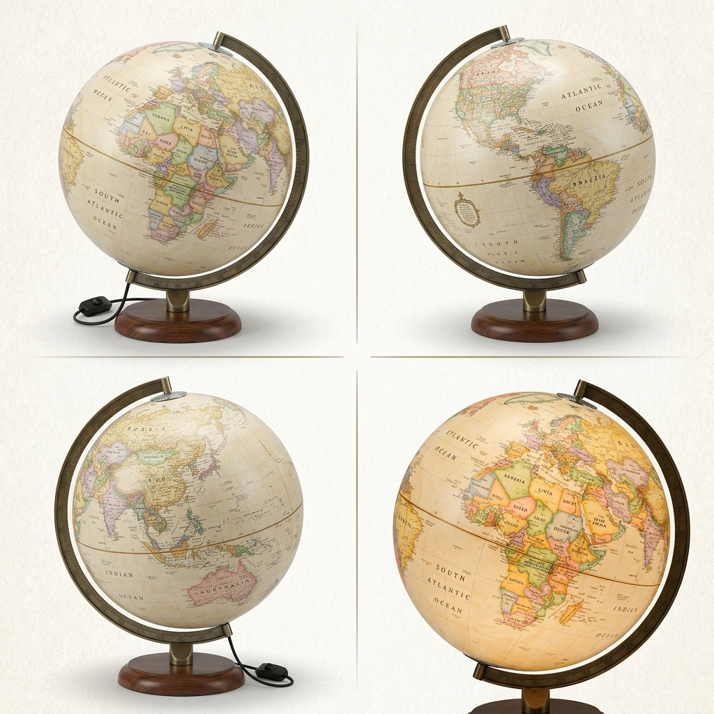 Matrix displaying the Adams illuminated globe from four clean angles on a light wood platform.