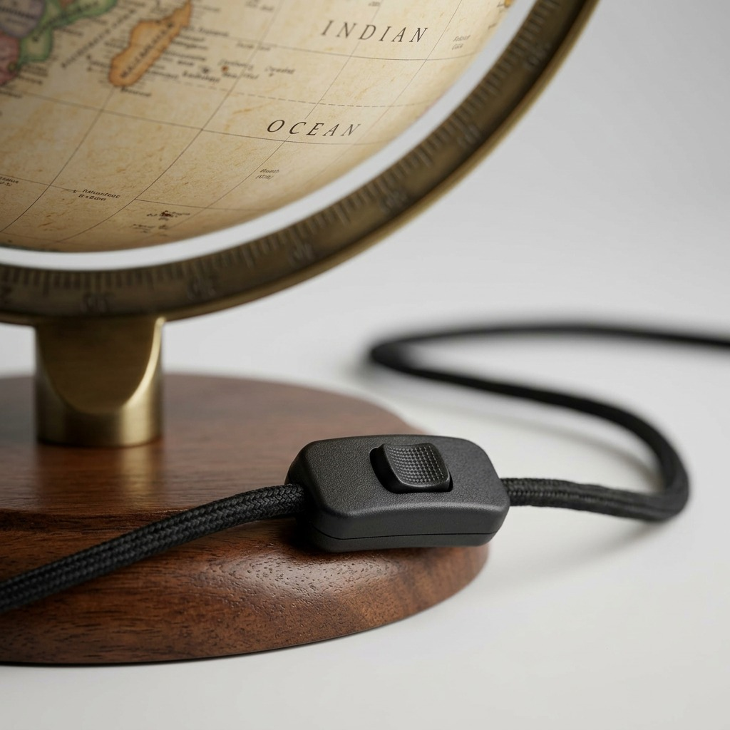 Macro detail shows inline cord switch, woven fabric cord, and rich wood grain of the globe base.
