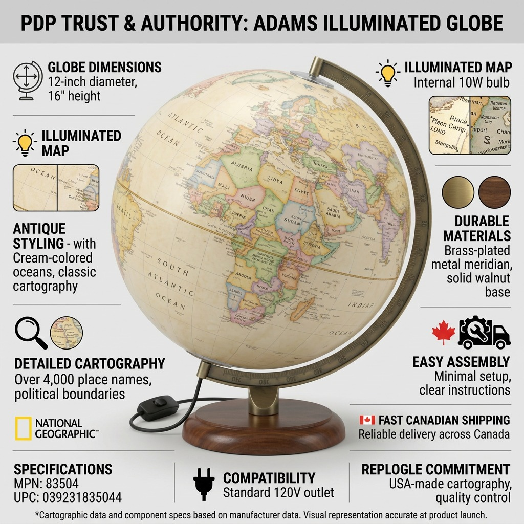 Trust and authority infographic matrix for the Replogle Adams Illuminated Globe with key factual product pointers.