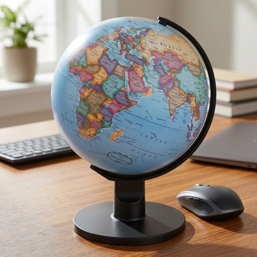 scale reference image for p.d.p of the trekker desk globe next to an everyday mouse.