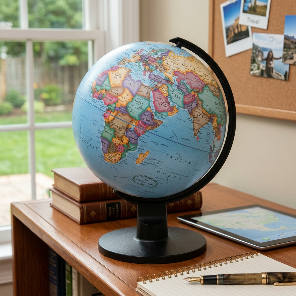 A desk-height photo showing the Replogle Trekker 15.2cm blue ocean globe on a home office bookshelf, between books and a tablet, under natural window light.
