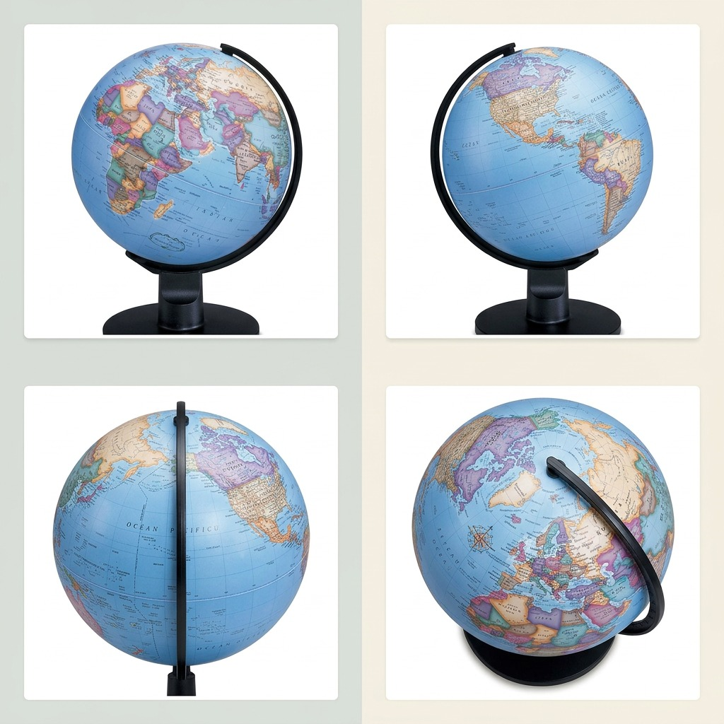 A visual matrix displaying the Trekker Blue Ocean Desk Globe from multiple angles: front, side, back, and top.