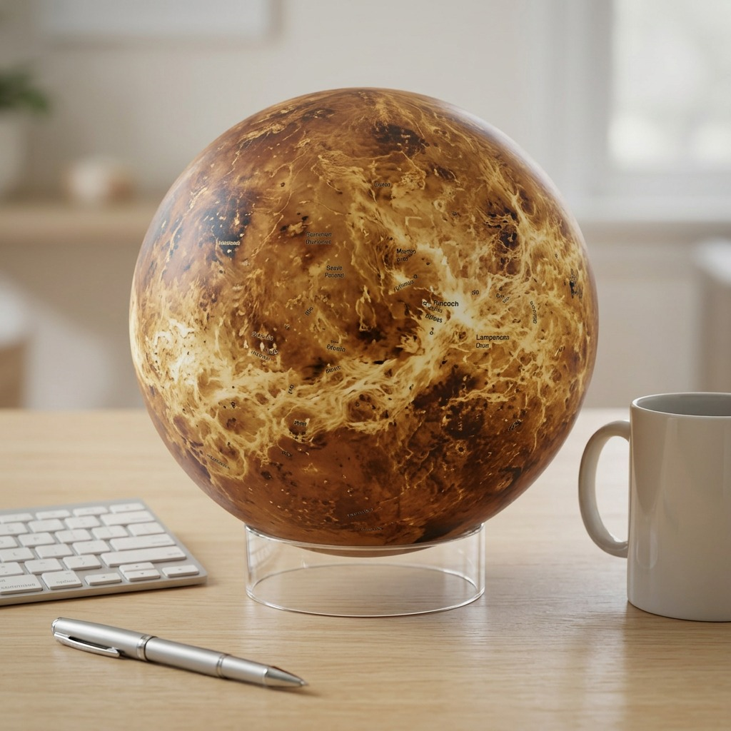 Replogle Venus globe shown for scale on a desk with a keyboard, mug, and pen.