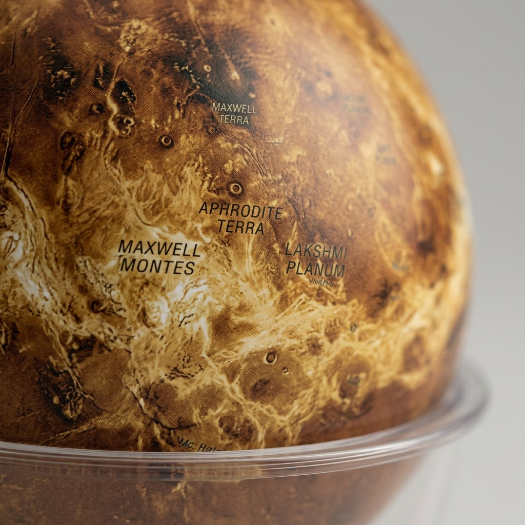 Macro view of the Venus globe showing detailed surface topography and clear labels for Maxwell Montes.