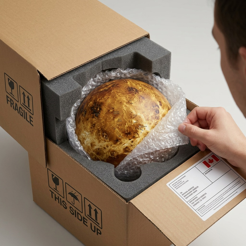Packaging and delivery scene showing the authentic Venus globe protectively resting in shipping materials.