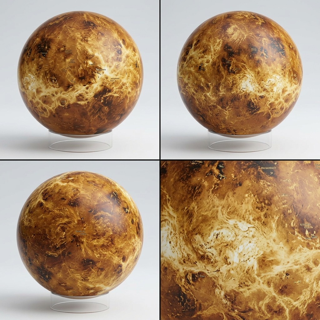 A 2x2 grid matrix displays the Replogle Venus globe from four distinct viewing angles on clear stands against a gradient background.