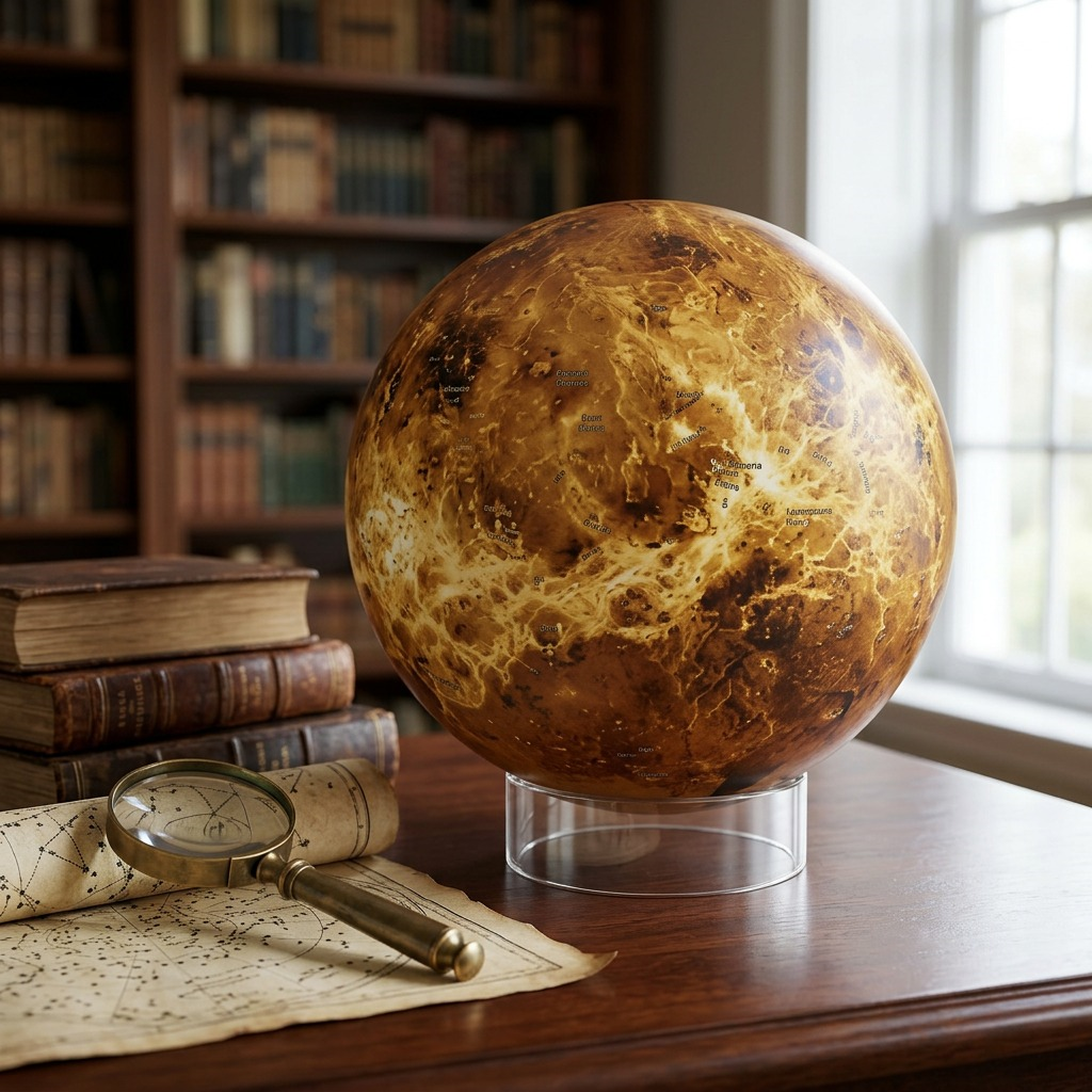 A Venus planetary globe on its clear stand, set in a wood-paneled study alongside old maps.